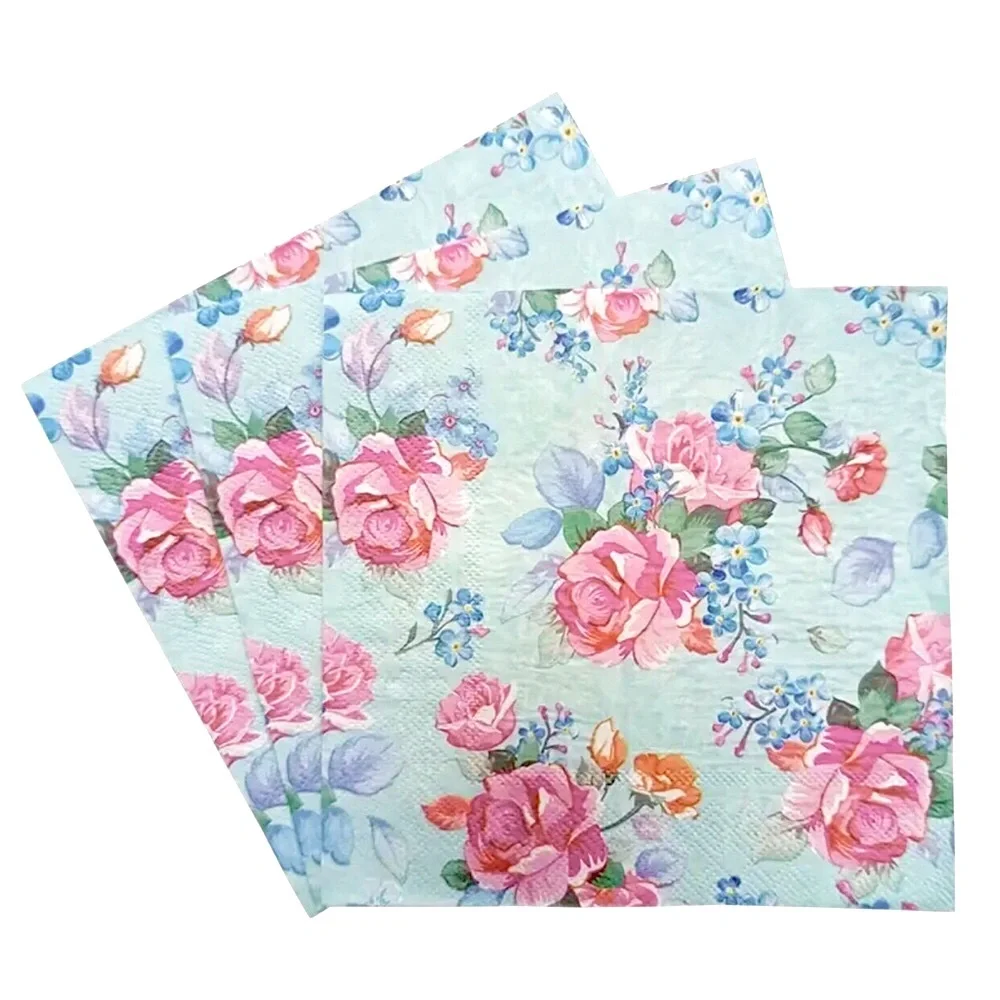 Pink Peony Blue Floral Pattern Luncheon Napkins, 20-ct